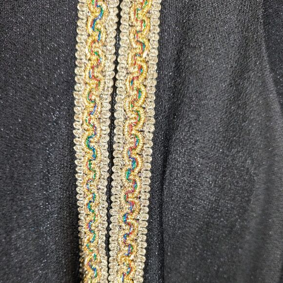 Vintage 70s Black Sheer Sparkle Caftan Size L Gold Braid Trim Zip Maxi Roper - Picture 8 of 16